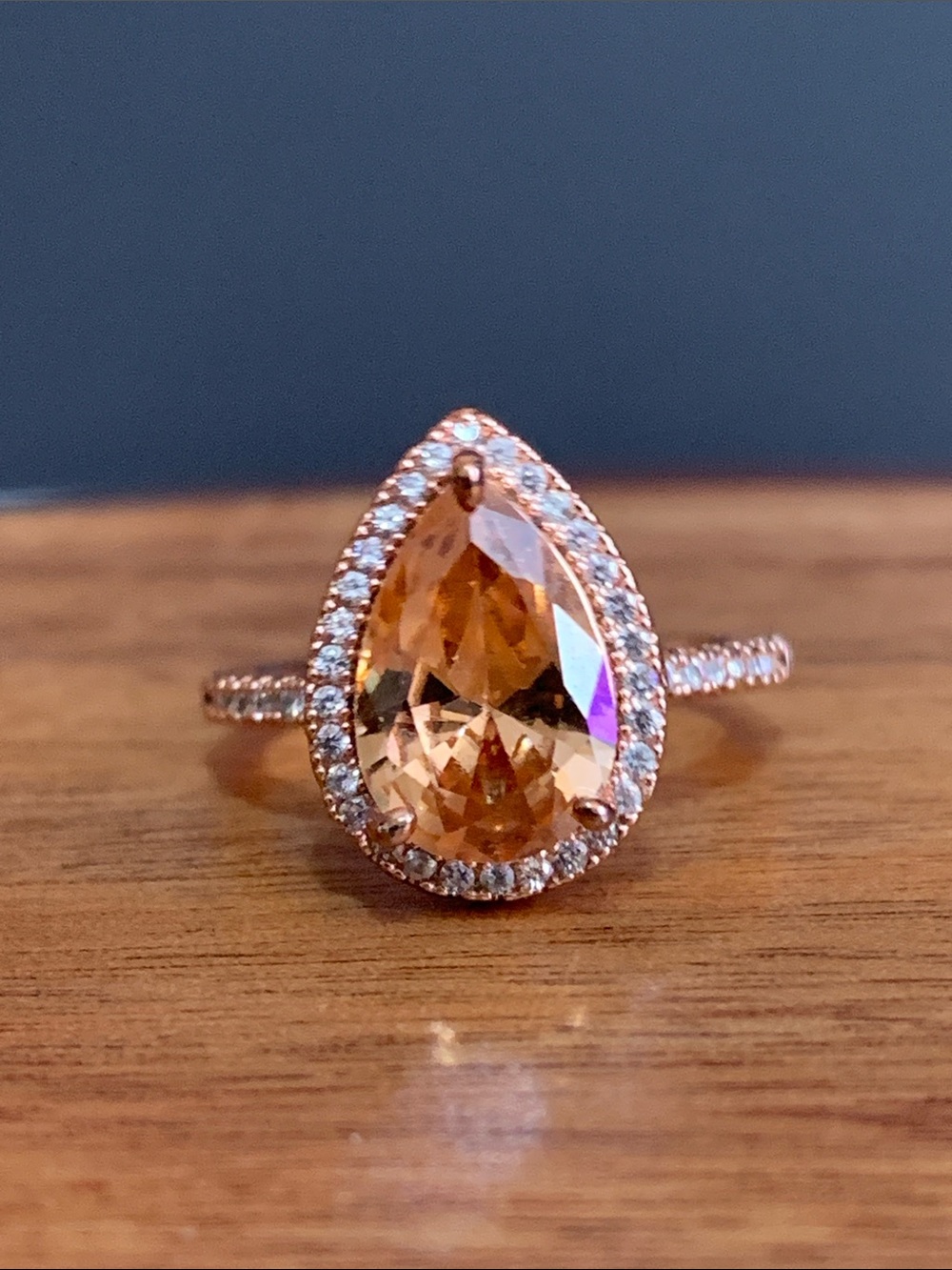 Rose gold plated 925 silver ring with teardrop champagne stone size 6.75